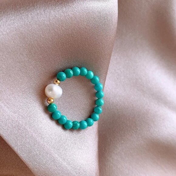 2/$24 Turquoise Beaded Ring With Freshwater Pearl & Gold Accent - Picture 2 of 8